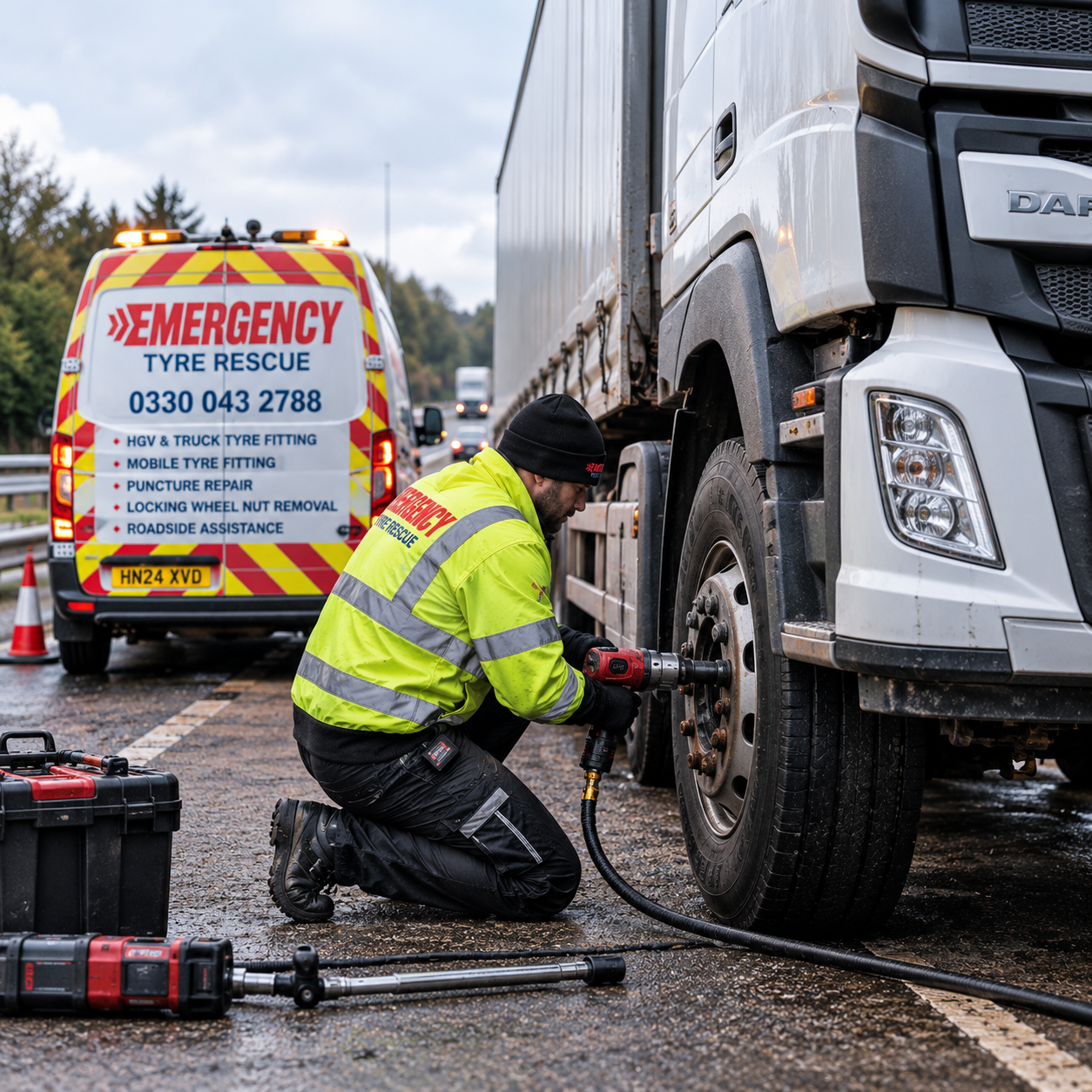 Emergency Tyre Rescue fitter fitting an HGV truck tyre on a wet motorway hard shoulder