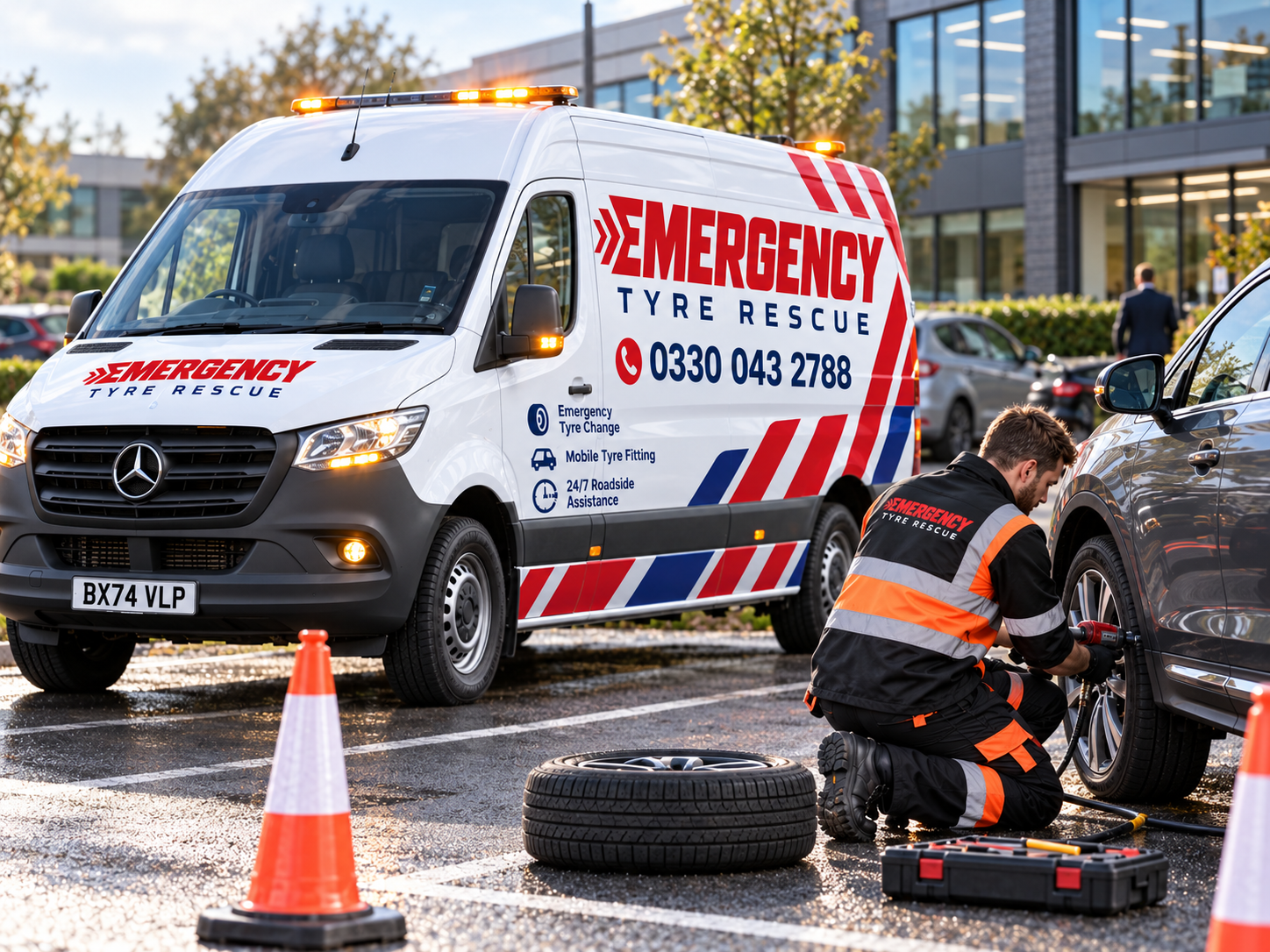 Emergency Tyre Rescue van and fitter changing a tyre at a roadside callout