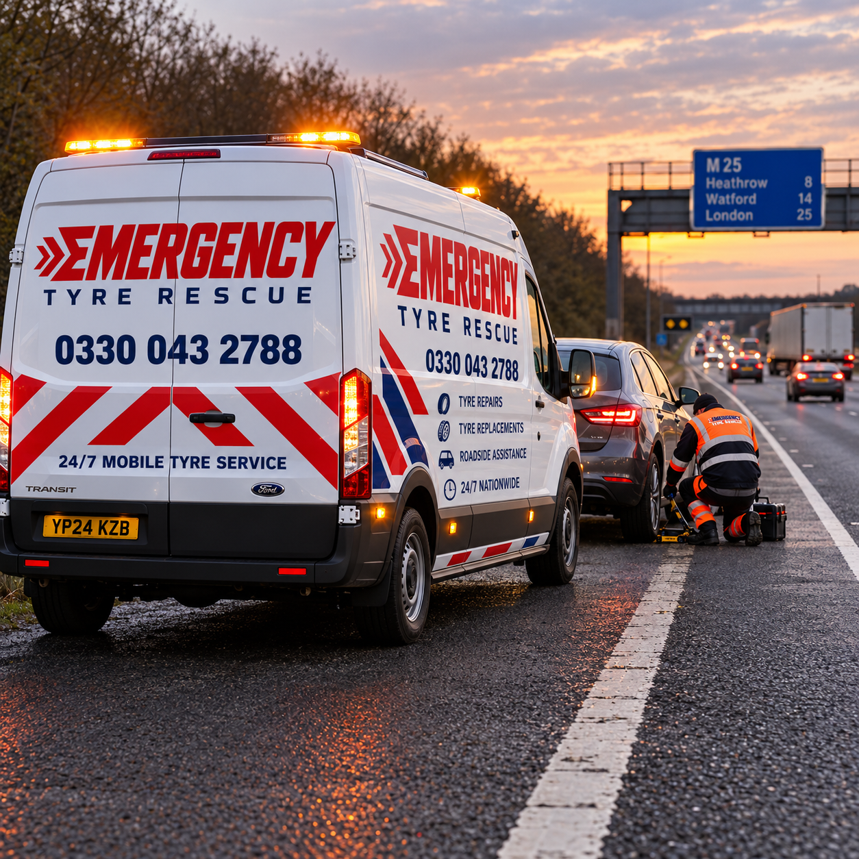 Emergency Tyre Rescue van at a motorway roadside tyre callout