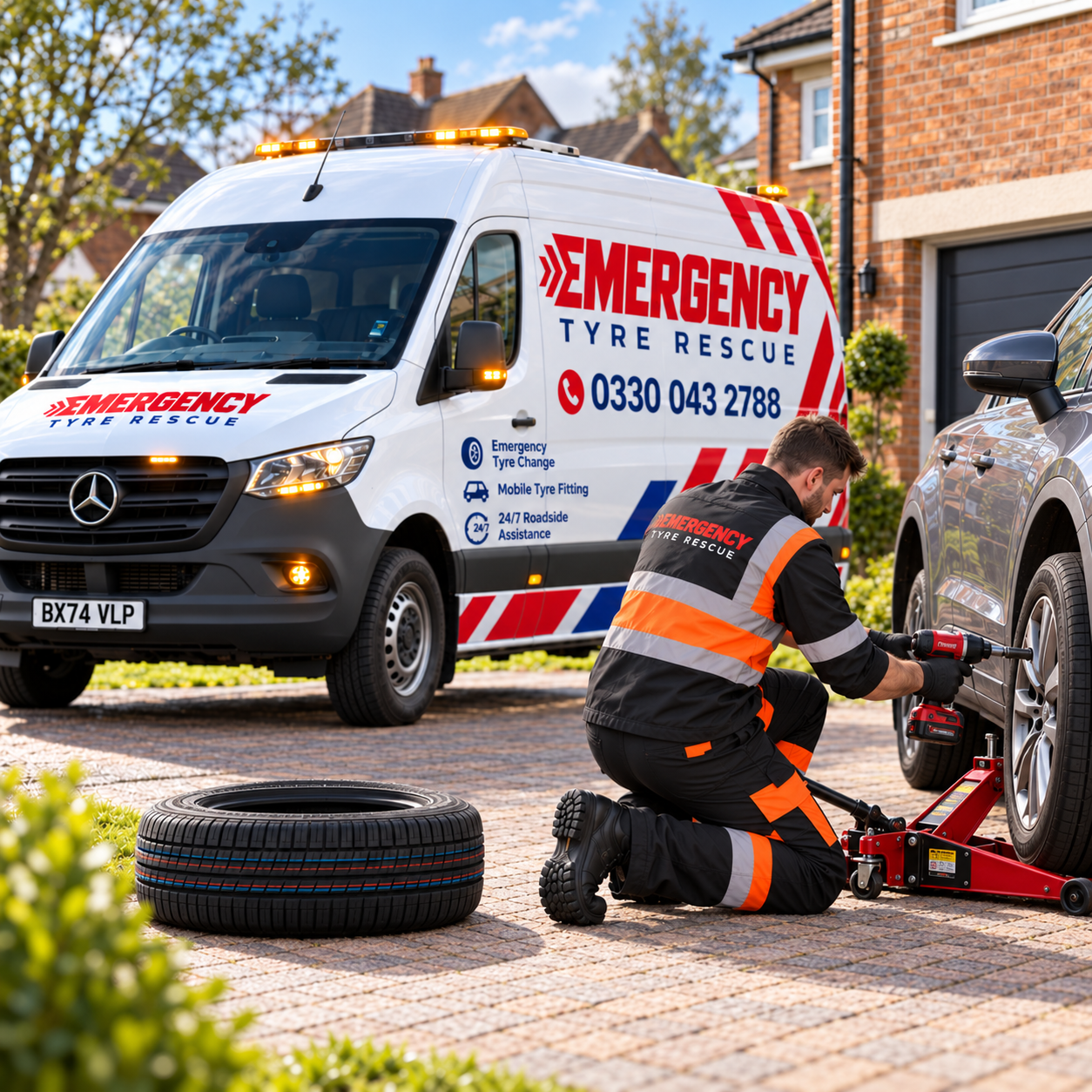 Emergency Tyre Rescue fitter changing a tyre on a home driveway