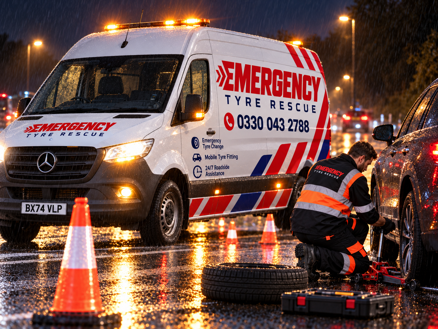 Emergency Tyre Rescue van and fitter at a wet night-time roadside tyre callout