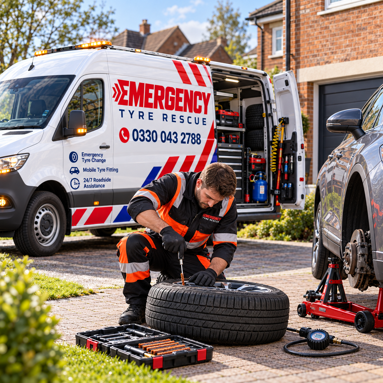 Emergency Tyre Rescue fitter repairing a puncture at the side of a car